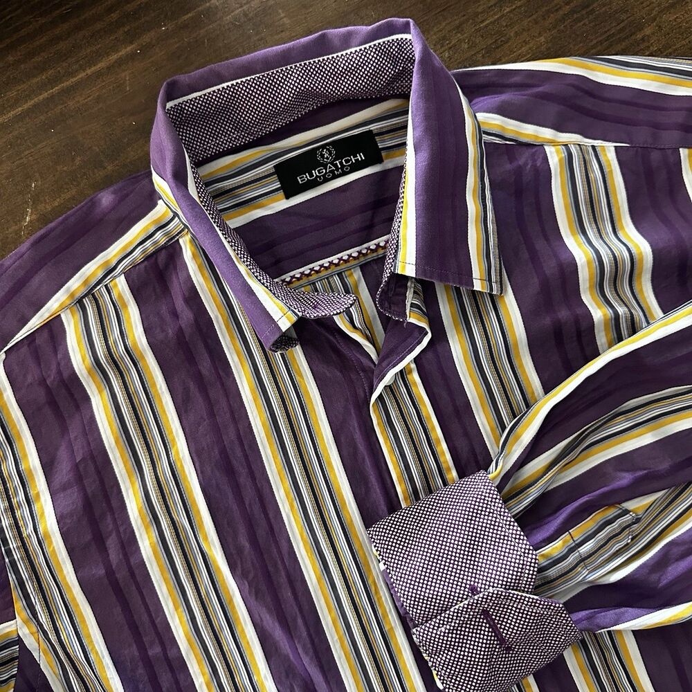 Bugatchi Shirt Mens Large Purple Stripe Long Sleeve Button Front Casual Cotton